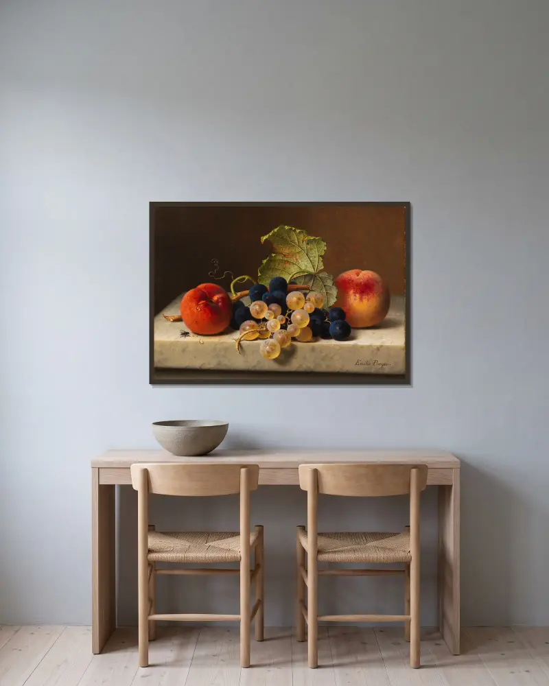 Fruit still life with two peaches and blue and green grapes on the branch and a vine leaf on a marble table top av Emilie Preyer inramad på en vägg