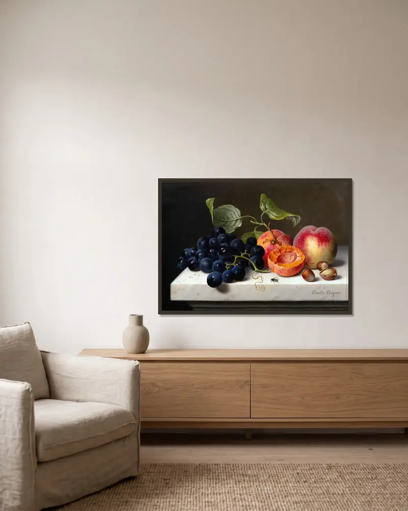Still Life of Fruits with Grapes, Peaches and Nuts on a Marble Pedestal av Emilie Preyer inramad på en vägg