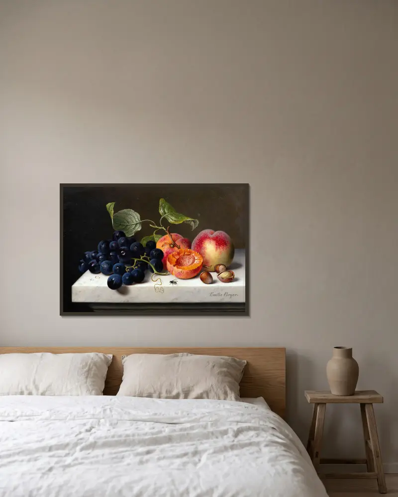 Still Life of Fruits with Grapes, Peaches and Nuts on a Marble Pedestal av Emilie Preyer inramad på en vägg