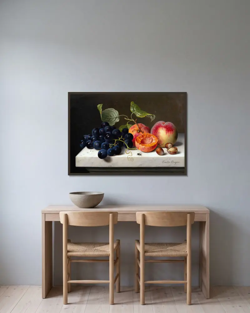 Still Life of Fruits with Grapes, Peaches and Nuts on a Marble Pedestal av Emilie Preyer inramad på en vägg