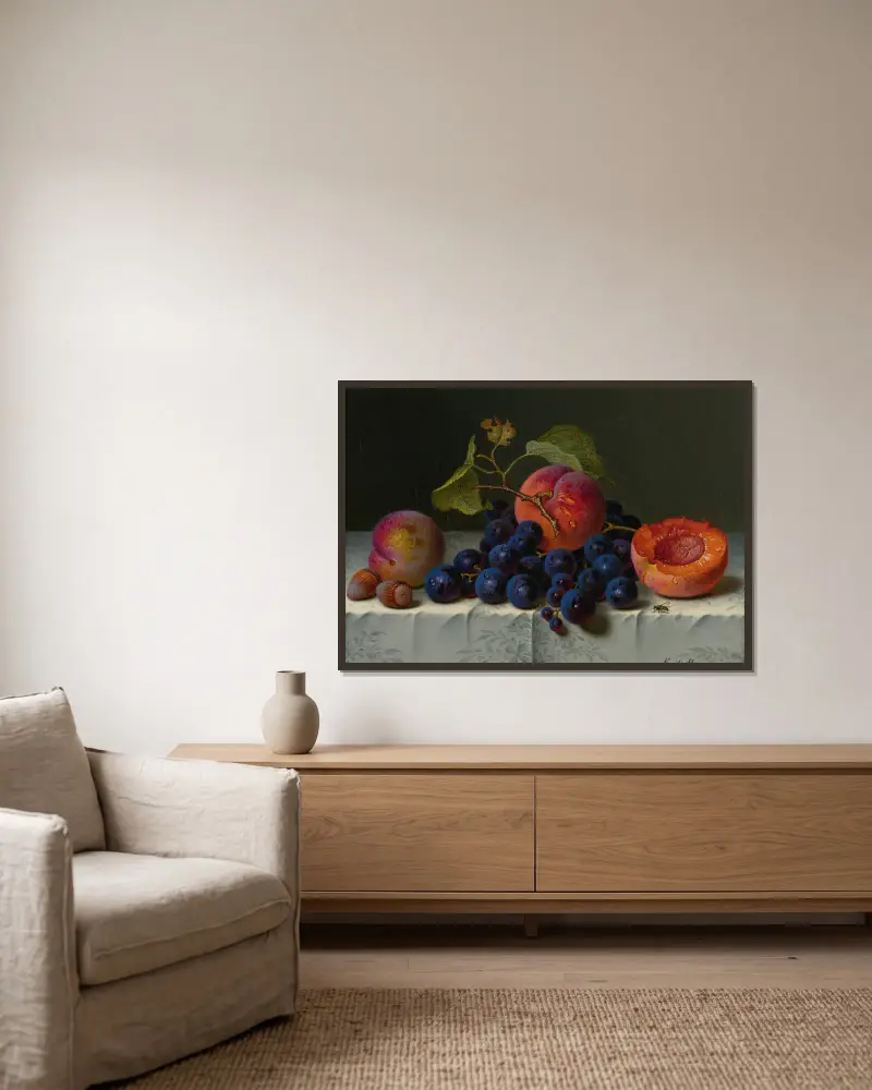 Still Life Of Peaches, Grapes, And Nuts On A Table av Emilie Preyer inramad på en vägg