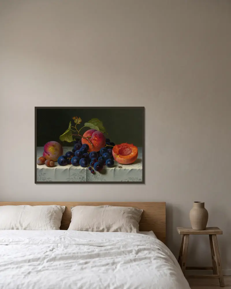 Still Life Of Peaches, Grapes, And Nuts On A Table av Emilie Preyer inramad på en vägg