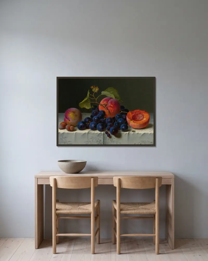 Still Life Of Peaches, Grapes, And Nuts On A Table av Emilie Preyer inramad på en vägg