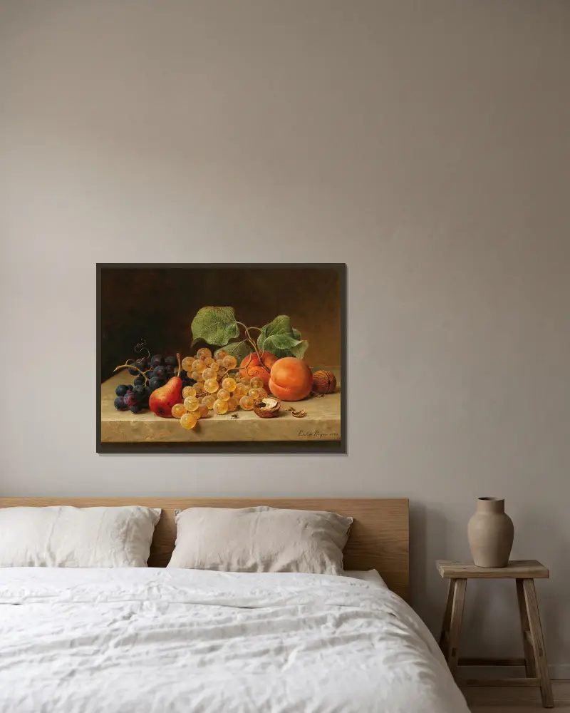 Still Life with Grapes, Peaches, a Pear and Nuts av Emilie Preyer inramad på en vägg