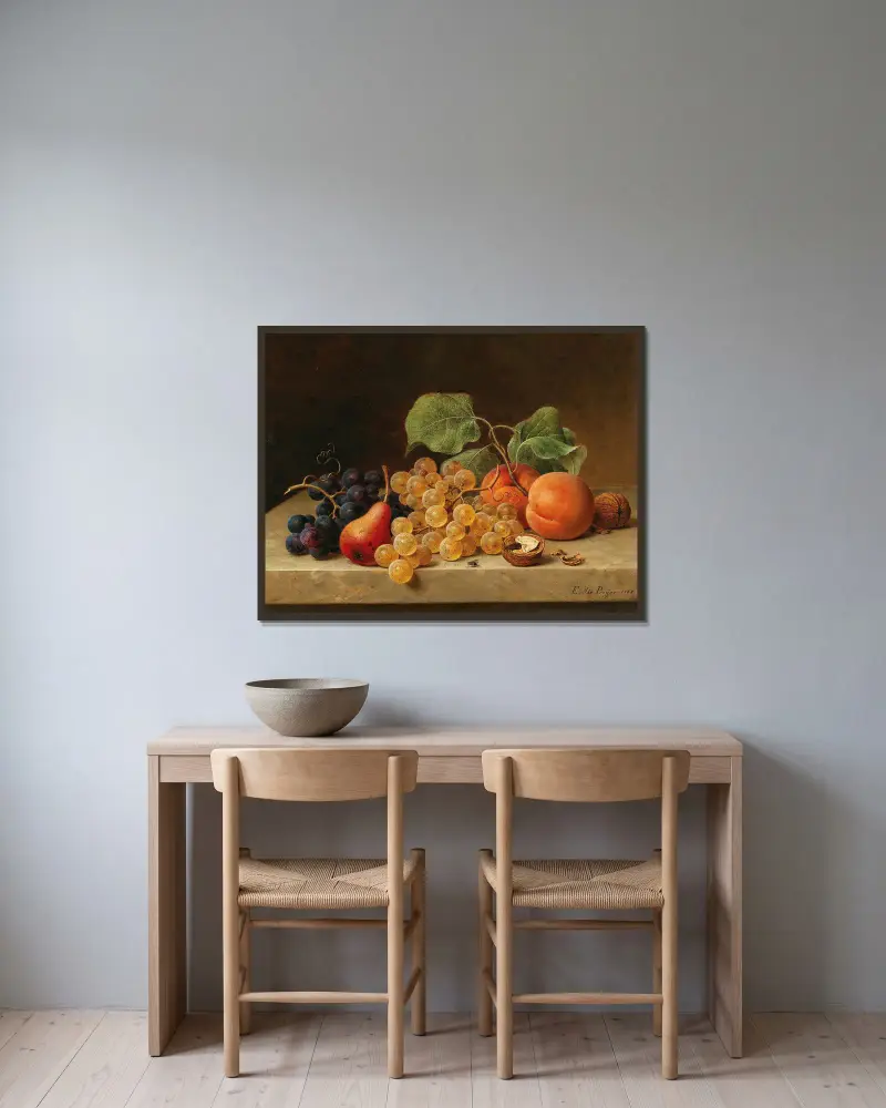 Still Life with Grapes, Peaches, a Pear and Nuts av Emilie Preyer inramad på en vägg