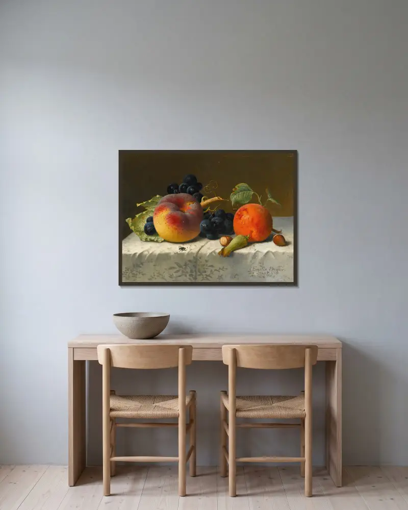 Still life with peach, apricot, grapes and hazelnuts on a tablecloth av Emilie Preyer inramad på en vägg