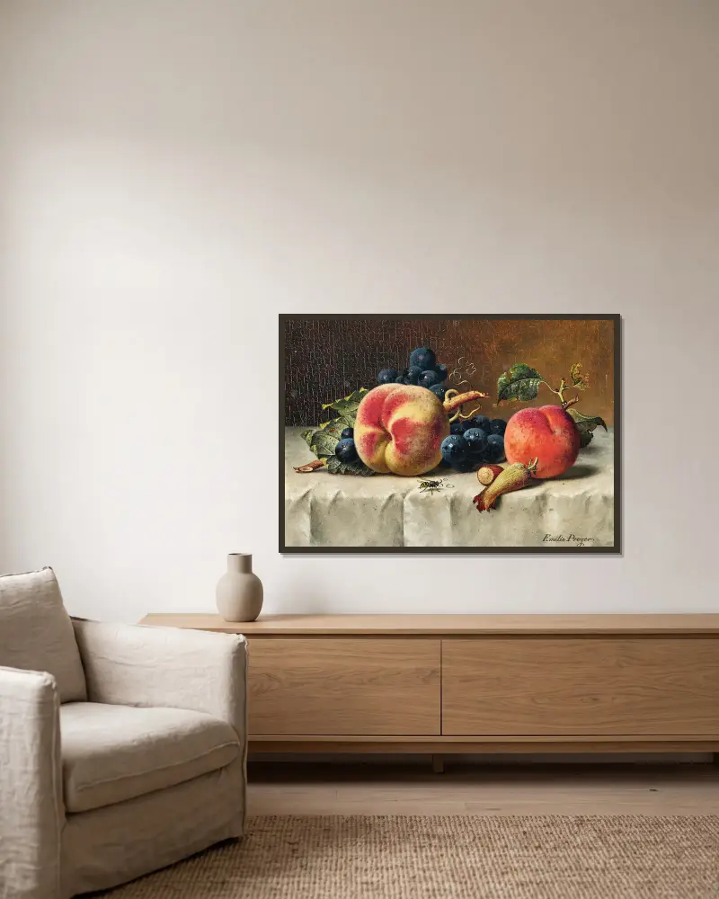 Still Life with Peaches, Grapes, Hazelnut and a Wasp av Emilie Preyer inramad på en vägg