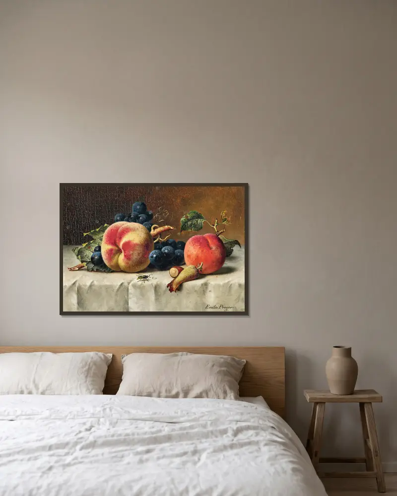 Still Life with Peaches, Grapes, Hazelnut and a Wasp av Emilie Preyer inramad på en vägg