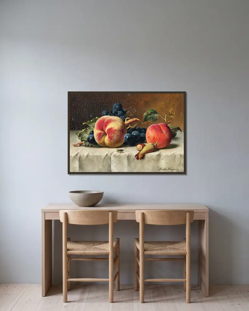 Still Life with Peaches, Grapes, Hazelnut and a Wasp av Emilie Preyer inramad på en vägg