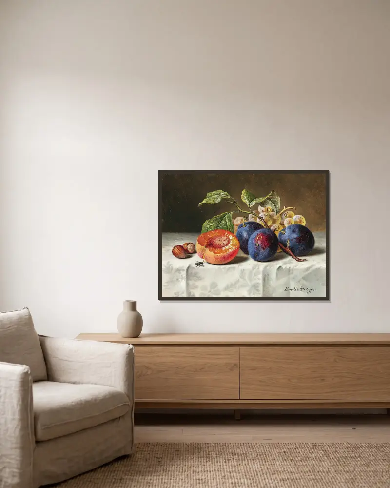 Still Life with Peaches, Red Grapes, Hazelnuts and a Wasp. – nr 2 av Emilie Preyer inramad på en vägg