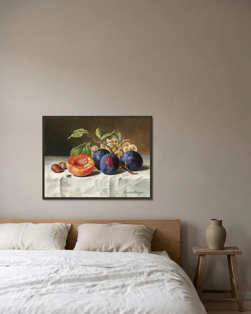Still Life with Peaches, Red Grapes, Hazelnuts and a Wasp. – nr 2 av Emilie Preyer inramad på en vägg