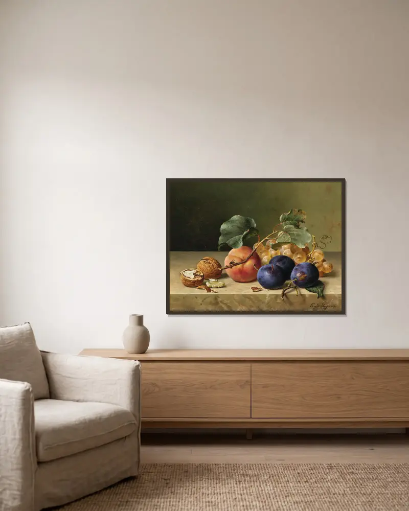 Still Life with Two Walnuts, Plums, Grapes, a Peach on a Branch and a Fly av Emilie Preyer inramad på en vägg