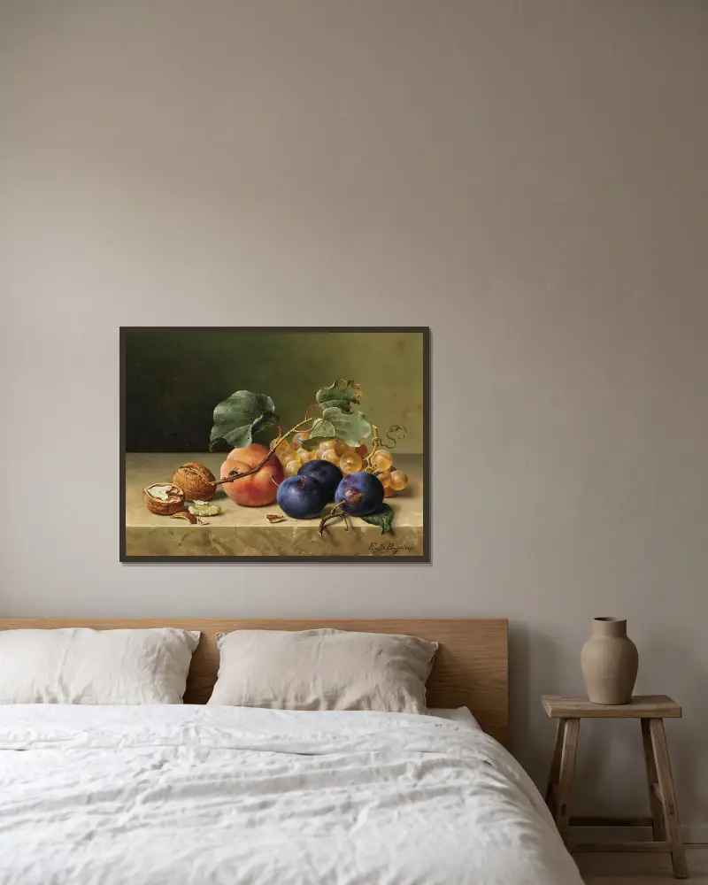 Still Life with Two Walnuts, Plums, Grapes, a Peach on a Branch and a Fly av Emilie Preyer inramad på en vägg