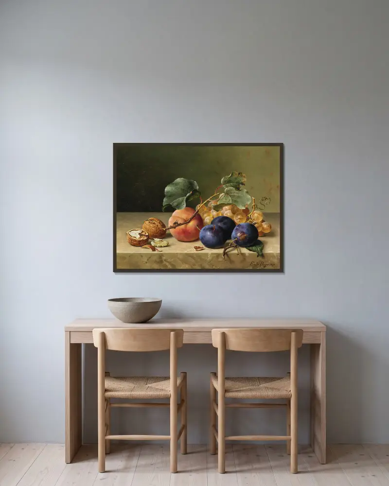 Still Life with Two Walnuts, Plums, Grapes, a Peach on a Branch and a Fly av Emilie Preyer inramad på en vägg