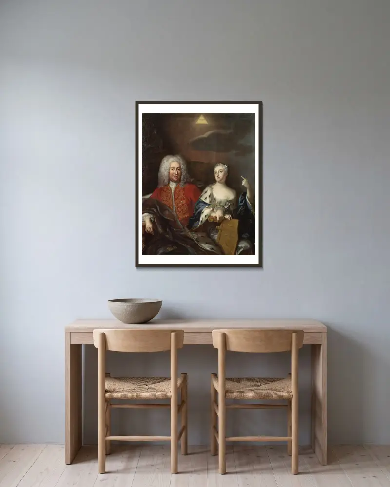 Fredrik I, 1676–1751, kung av Sverige, och hans gemål Ulrika Eleonora den yngre, 1688–1741, drottning av Sverige av Georg Engelhard Schröder inramad på en vägg