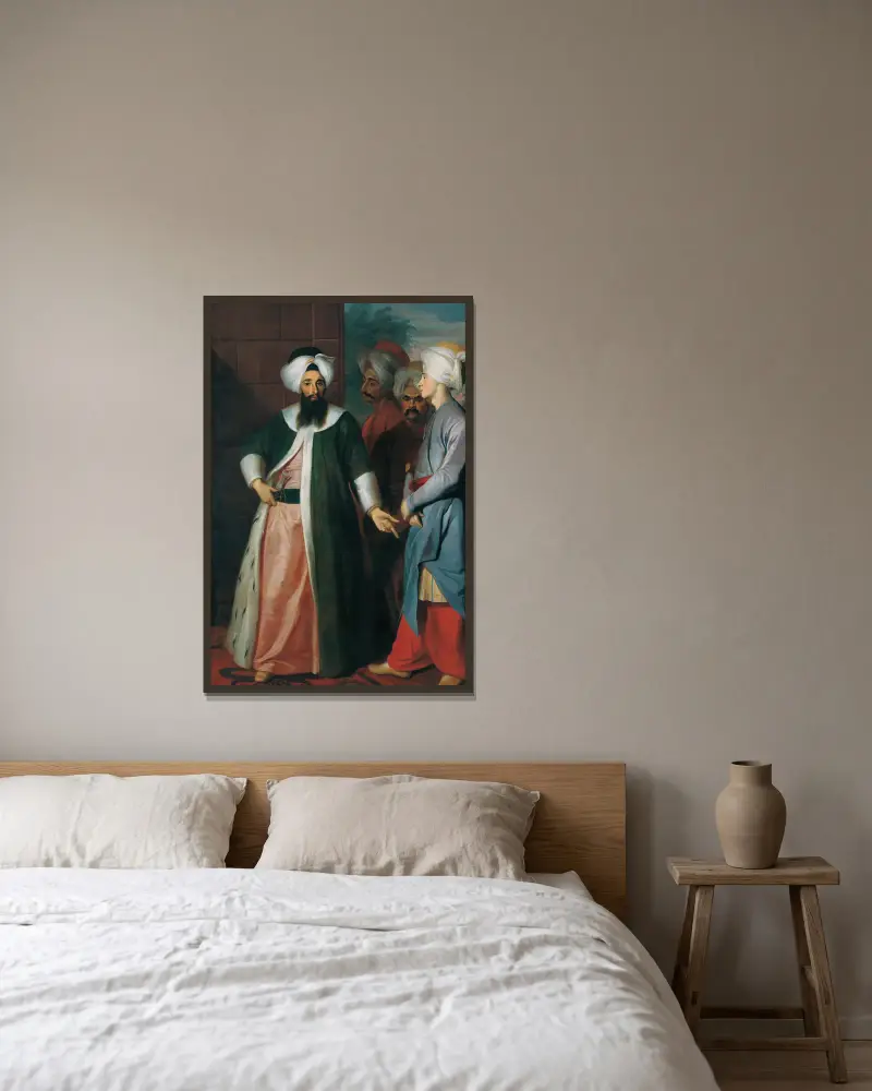 Kozbekçi Mustafa Ağa och hans följe av Georg Engelhard Schröder inramad på en vägg