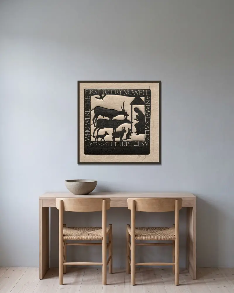 Animals All; Who Were the First to Cry Nowell av Eric Gill inramad på en vägg