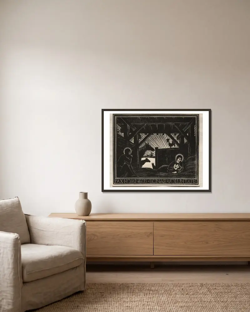 Weihnachtsgeschenke; Morgendämmerung von Eric Gill gerahmt an einer Wand
