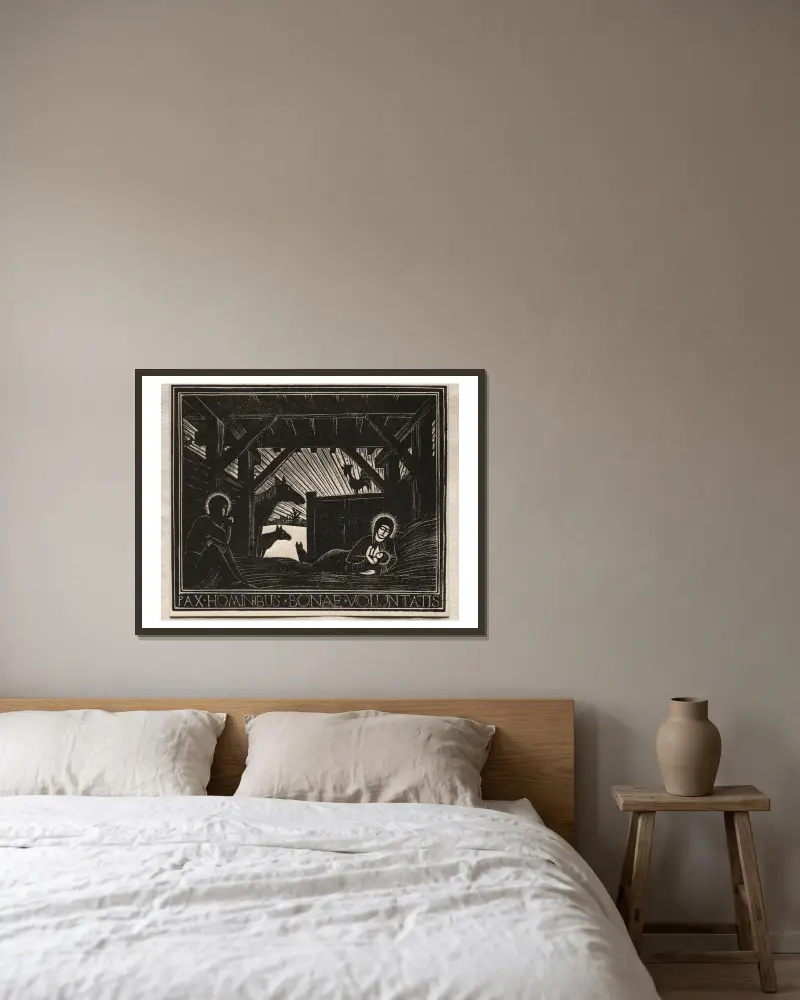 Weihnachtsgeschenke; Morgendämmerung von Eric Gill gerahmt an einer Wand