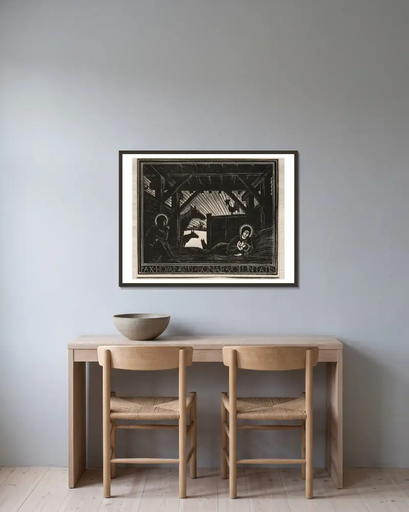 Weihnachtsgeschenke; Morgendämmerung von Eric Gill gerahmt an einer Wand