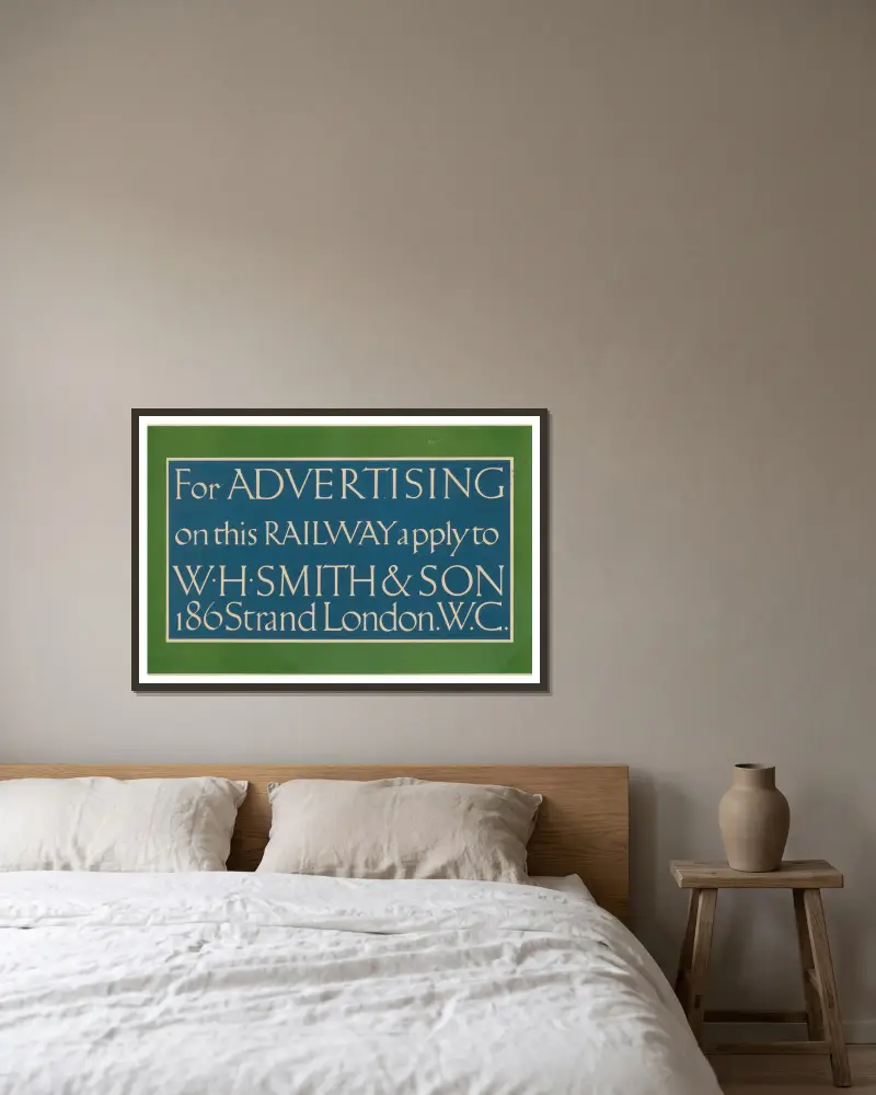 For Advertising on the Railway Apply to W. H. Smith & Son av Eric Gill inramad på en vägg