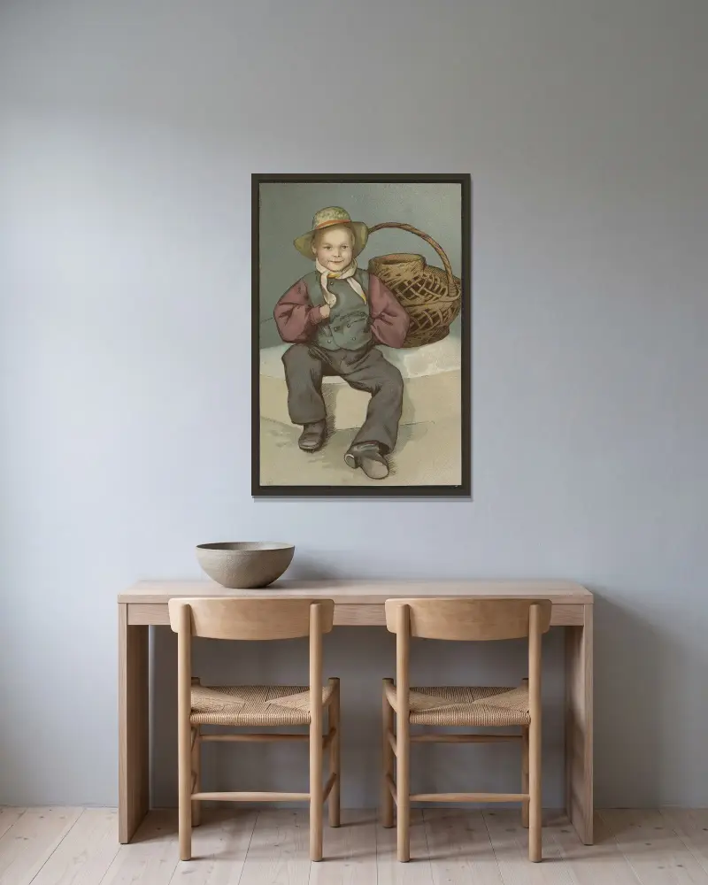 Boy with a basket av Erik Werenskiold inramad på en vägg