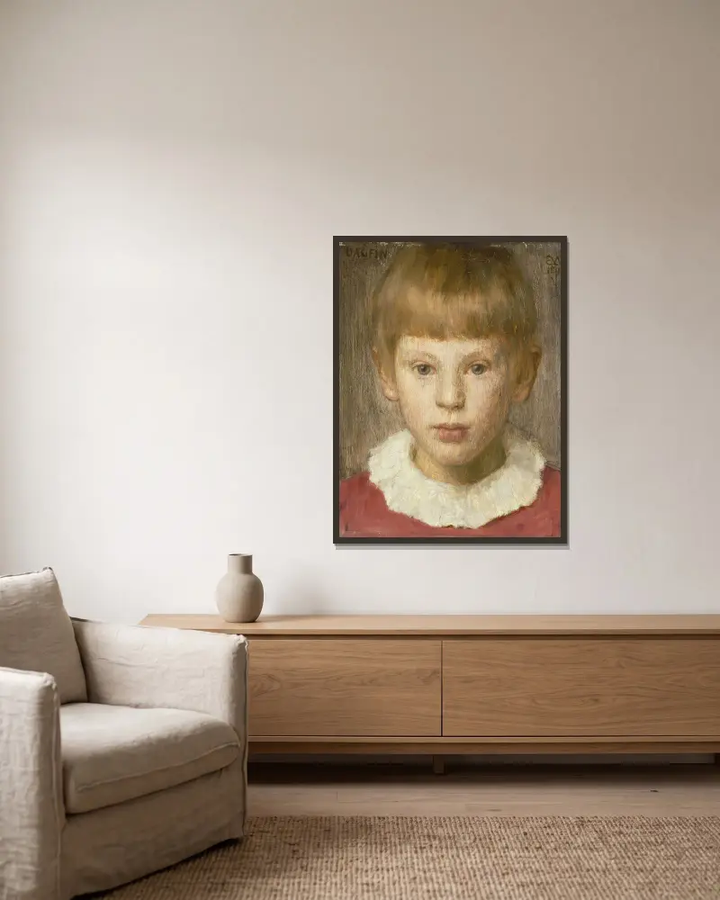 Dagfin, the Artist’s Son av Erik Werenskiold inramad på en vägg
