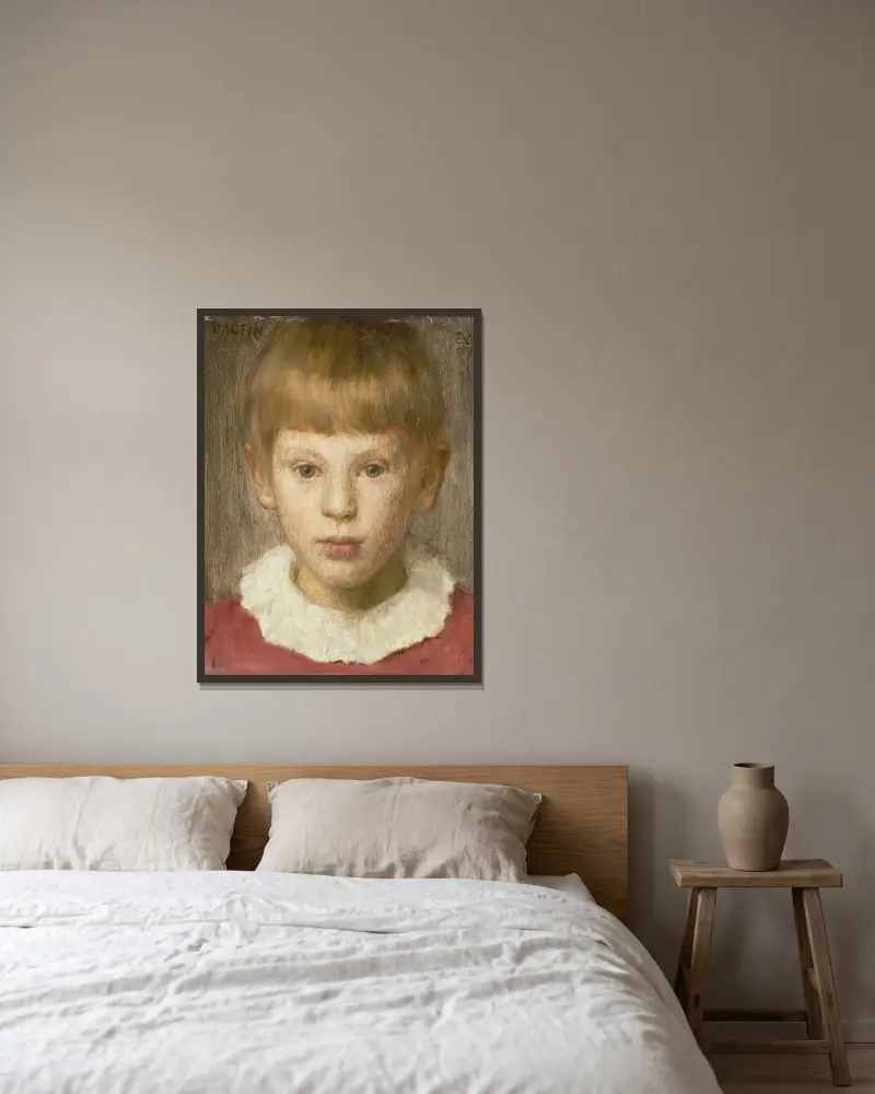 Dagfin, the Artist’s Son av Erik Werenskiold inramad på en vägg