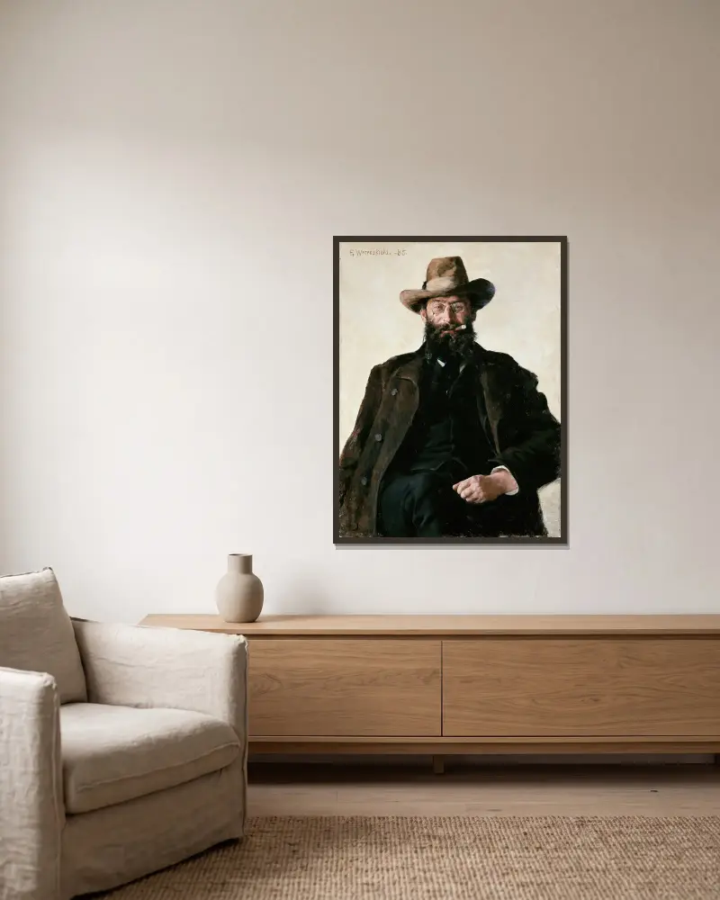 Portrait of Professor Amund Helland av Erik Werenskiold inramad på en vägg