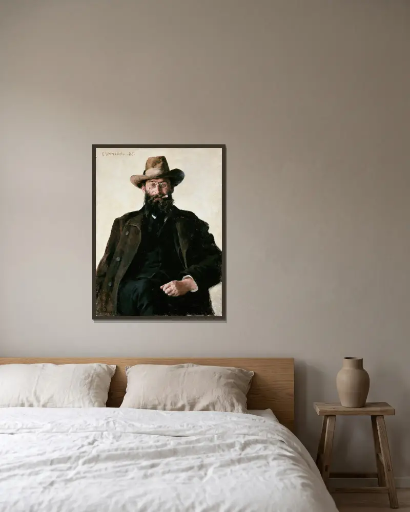 Portrait of Professor Amund Helland av Erik Werenskiold inramad på en vägg