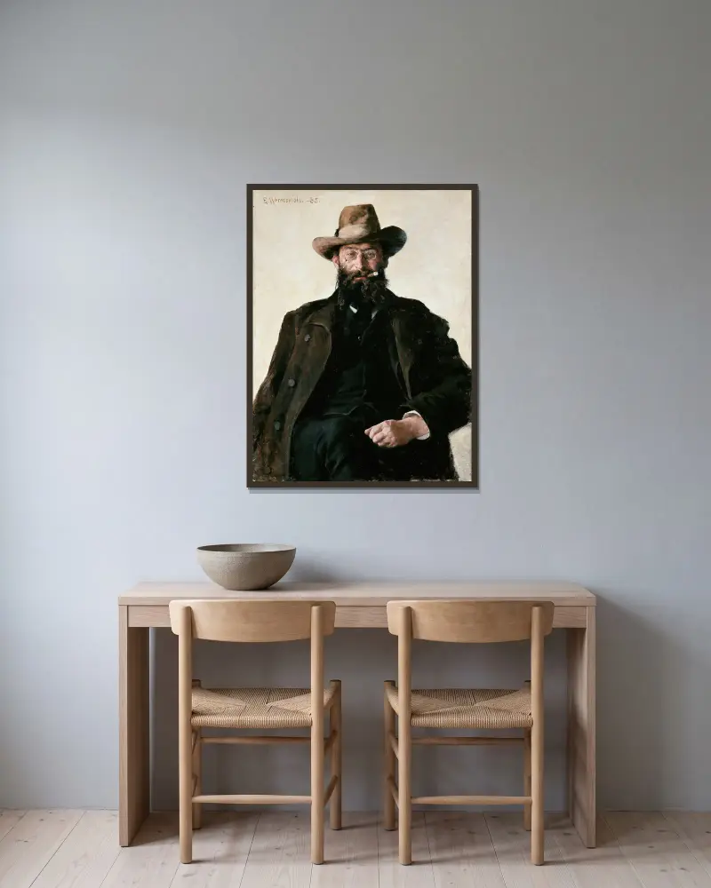 Portrait of Professor Amund Helland av Erik Werenskiold inramad på en vägg