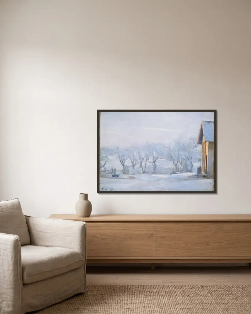 White Frost av Erik Werenskiold inramad på en vägg