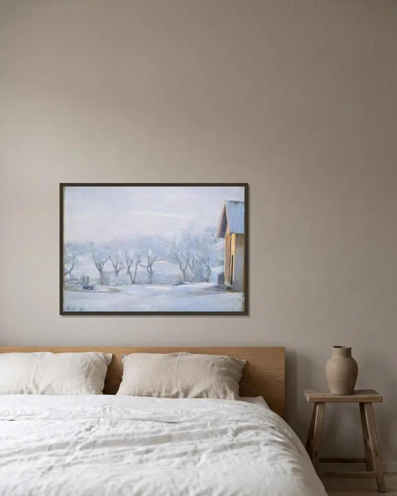 White Frost av Erik Werenskiold inramad på en vägg