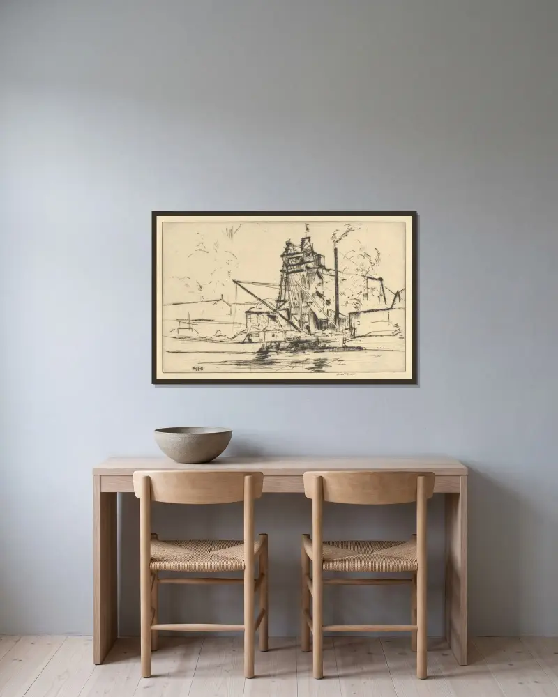 Bridgeport Docks av Ernest Haskell inramad på en vägg