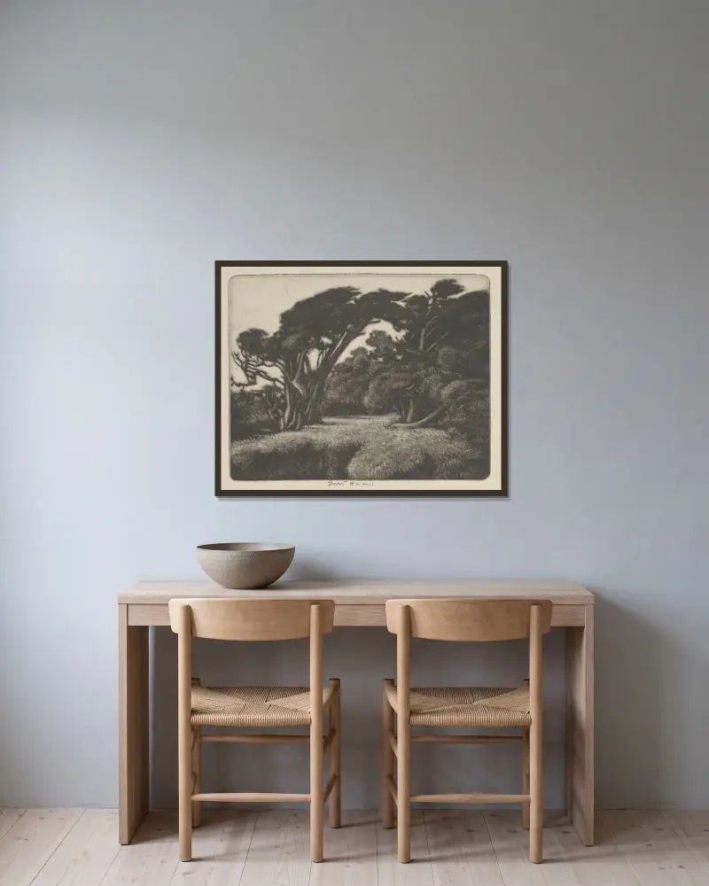 Cypress Bower av Ernest Haskell inramad på en vägg