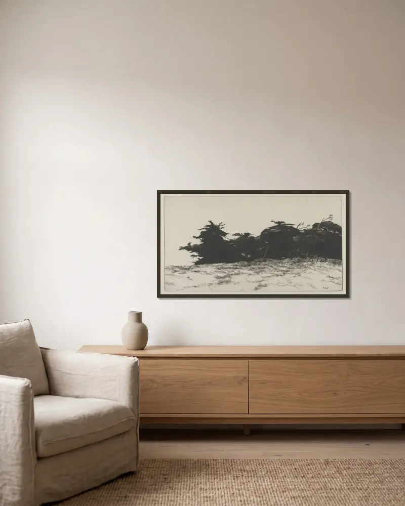Cypress Wall av Ernest Haskell inramad på en vägg