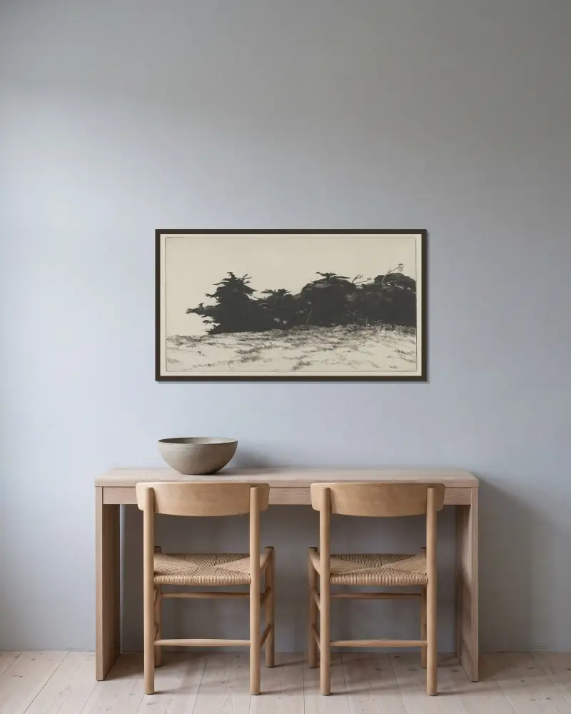 Cypress Wall av Ernest Haskell inramad på en vägg