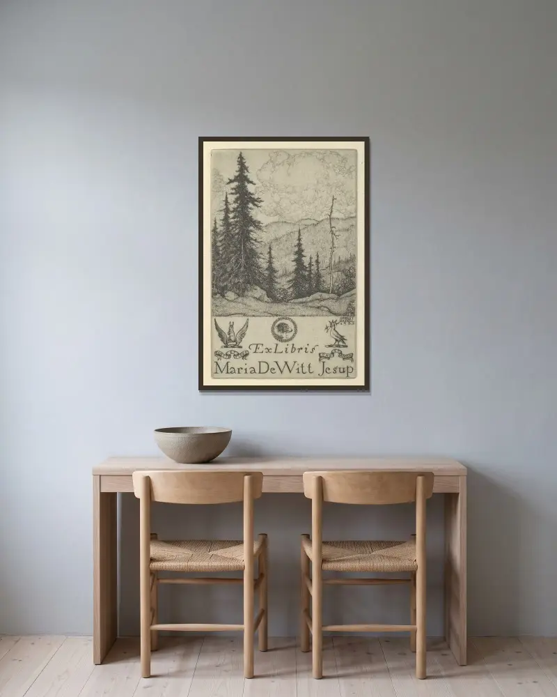 Ex Libris Maria DeWitt Jesup av Ernest Haskell inramad på en vägg