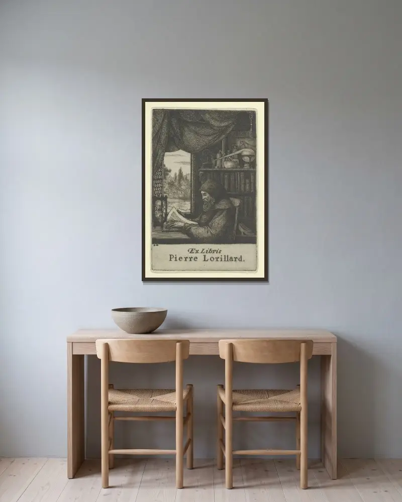 Ex Libris Pierre Lorillard av Ernest Haskell inramad på en vägg