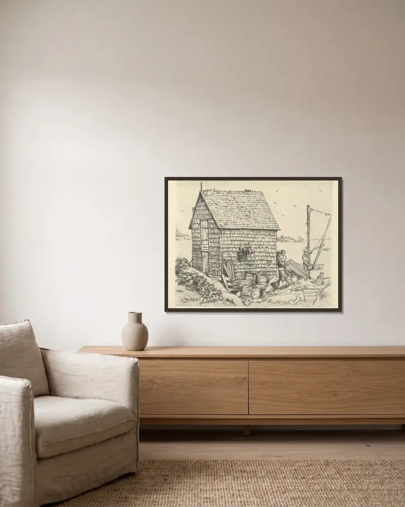 Idylle am Fischerhaus von Ernest Haskell gerahmt an einer Wand