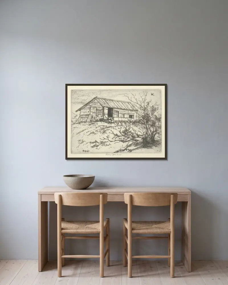 Hilltop Chickens av Ernest Haskell inramad på en vägg