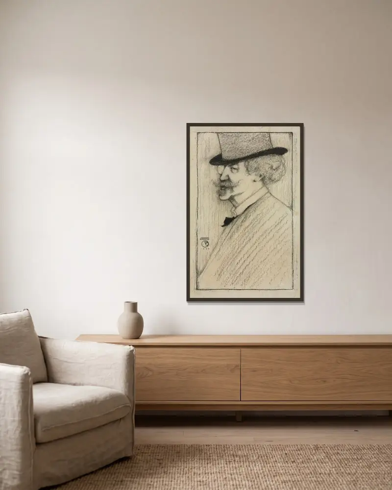James McNeill Whistler av Ernest Haskell inramad på en vägg