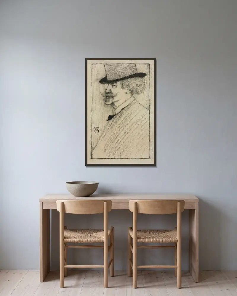 James McNeill Whistler av Ernest Haskell inramad på en vägg