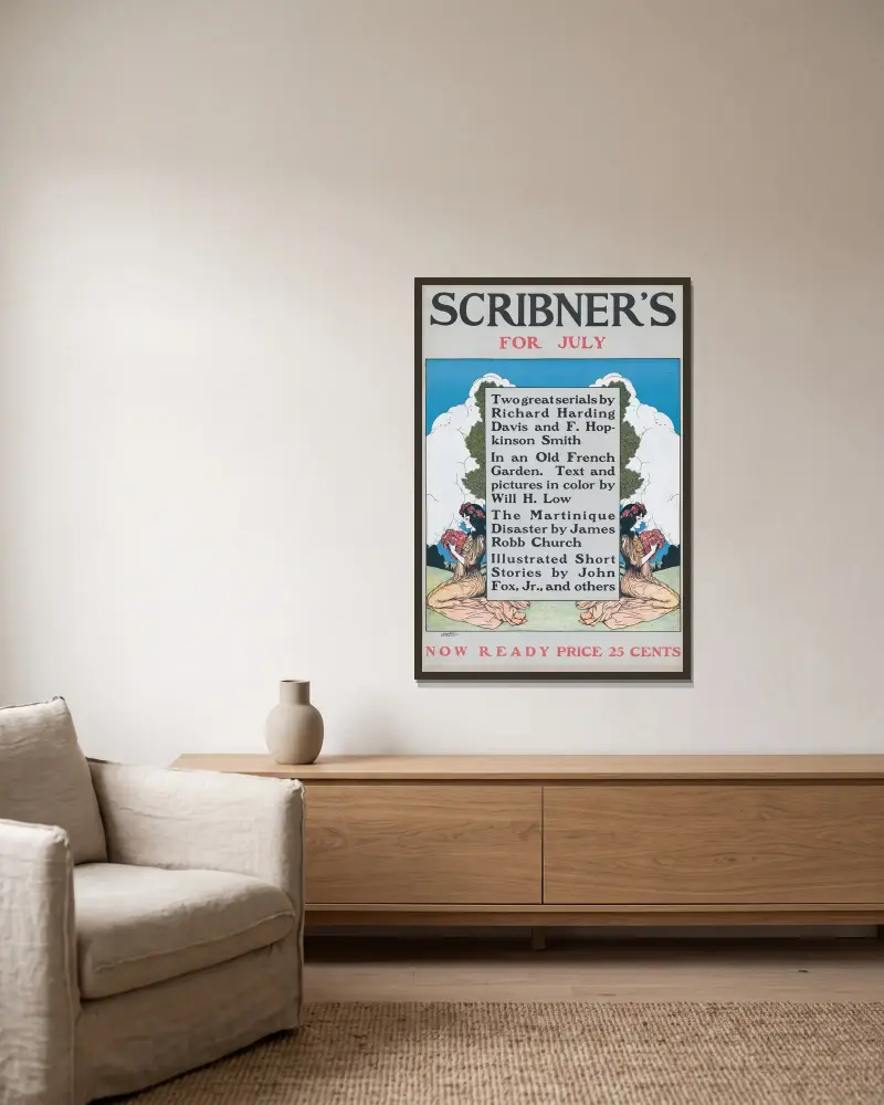 Scribner’s for July av Ernest Haskell inramad på en vägg