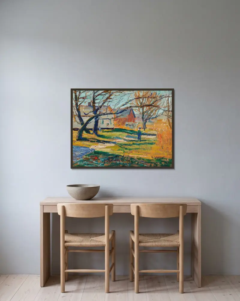 Lantgård av Ernest Lawson inramad på en vägg