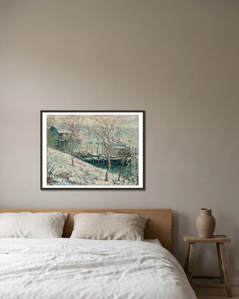 Winterszene am Harlem River von Ernest Lawson gerahmt an einer Wand
