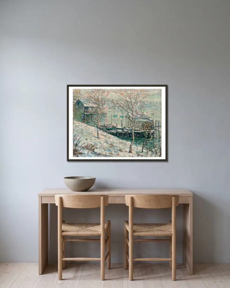 Winterszene am Harlem River von Ernest Lawson gerahmt an einer Wand