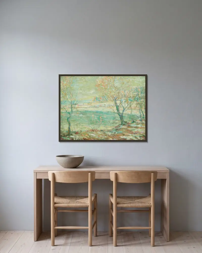 Inwood vid Hudsonfloden, i snö av Ernest Lawson inramad på en vägg