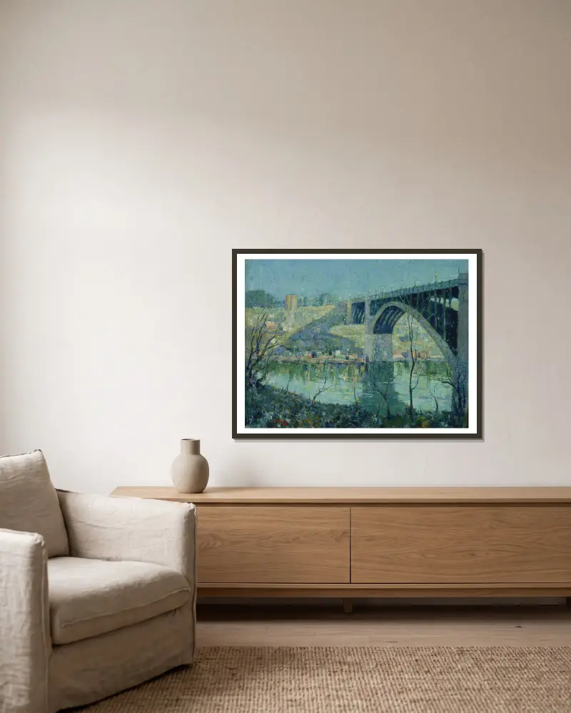 Jarní noc, Harlem River, Ernest Lawson v rámu na stěně