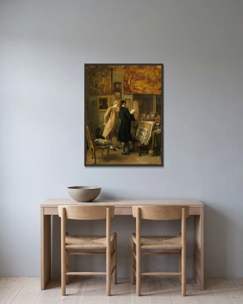 En konstnär visar sitt verk av Ernest Meissonier inramad på en vägg